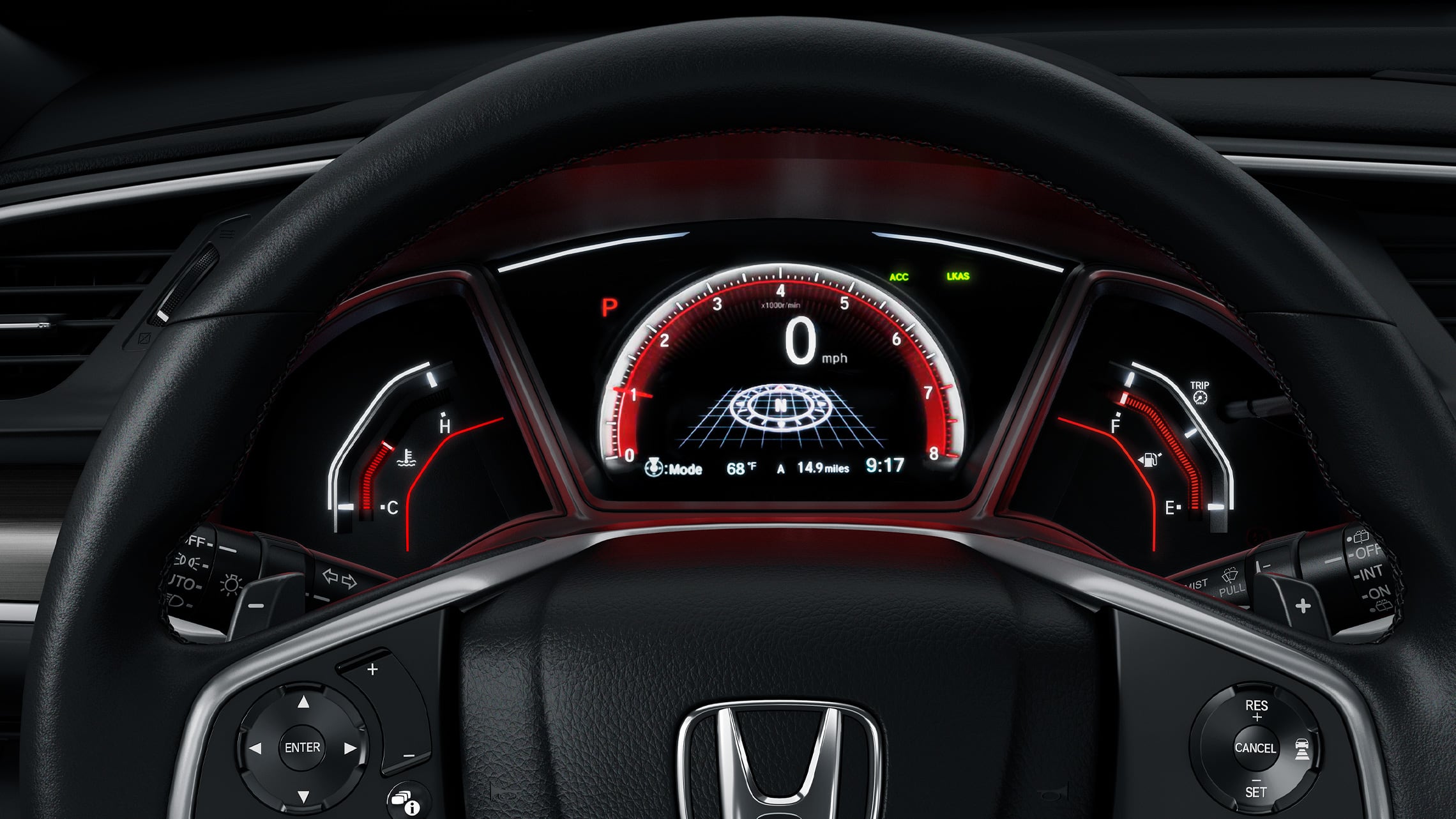 Interior view of steering wheel and dash in the 2021 Honda Civic Sport Touring Hatchback with Black Leather.