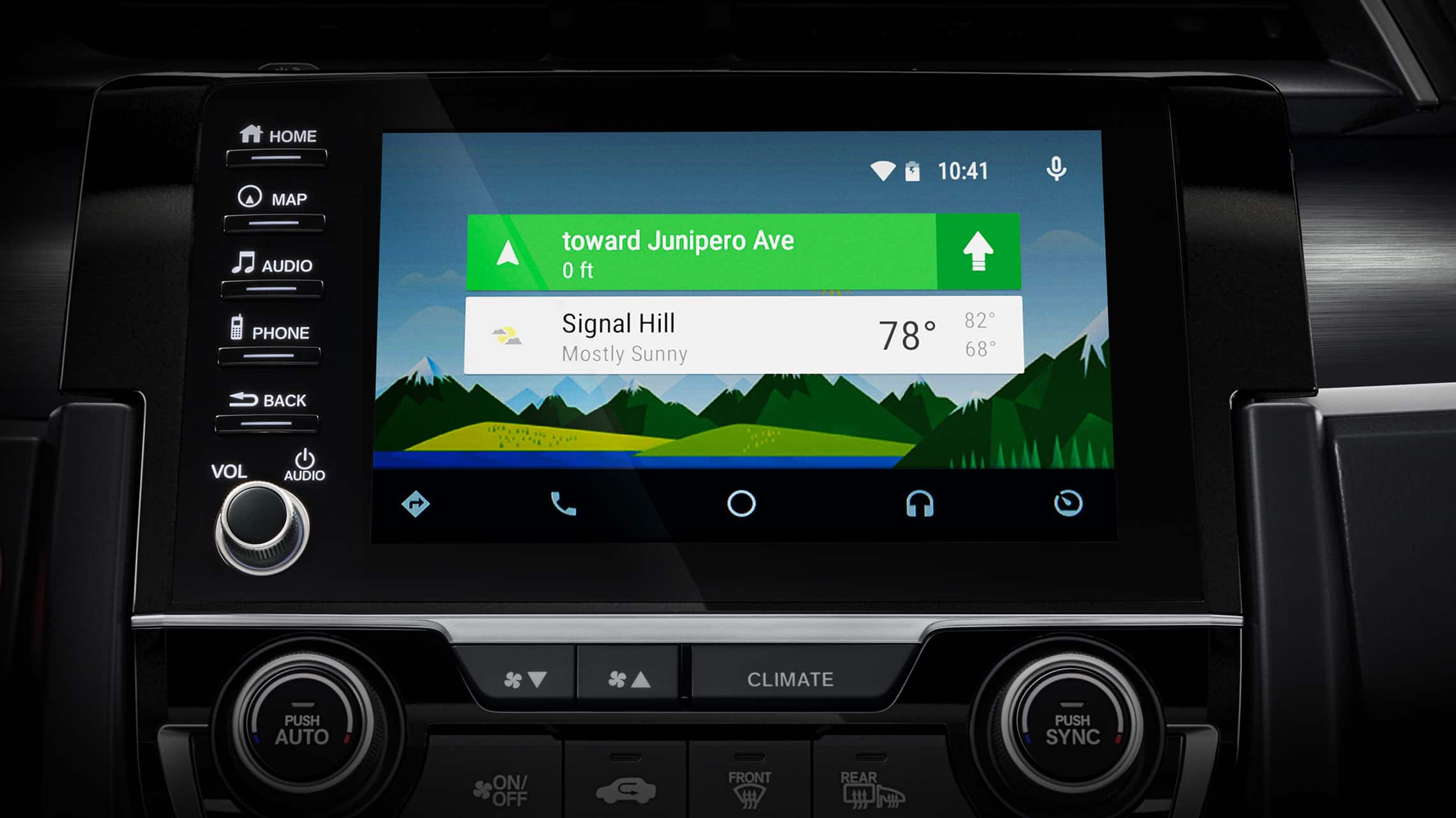 Detalle de pantalla de Android Auto™ en el sistema de audio en pantalla táctil del Honda Civic Sport Touring Hatchback 2021.