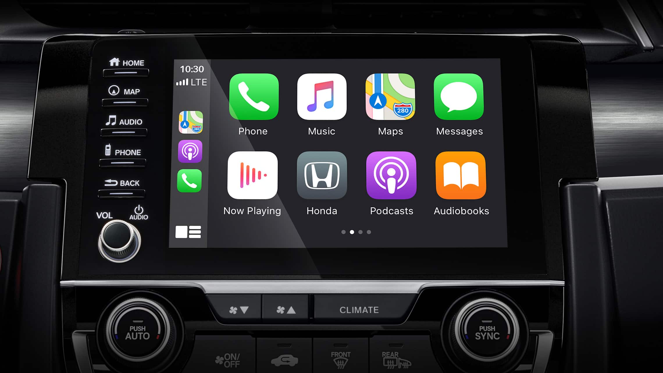 Detalle de pantalla de Apple CarPlay® en el sistema de audio con pantalla táctil del Honda Civic Sport Touring Hatchback 2021.
